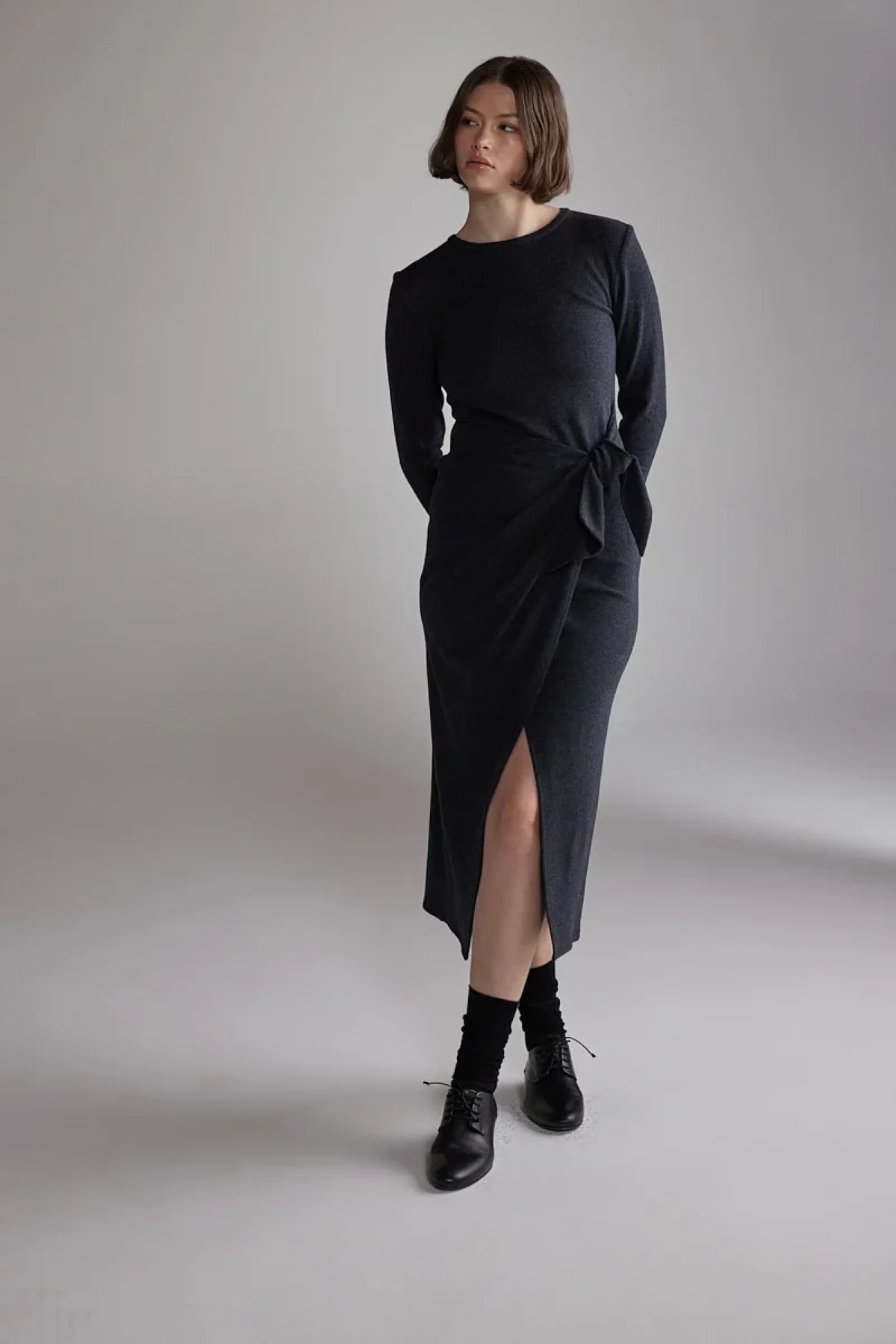 Wool Tie-Waist Dress in Charcoal, from Amente