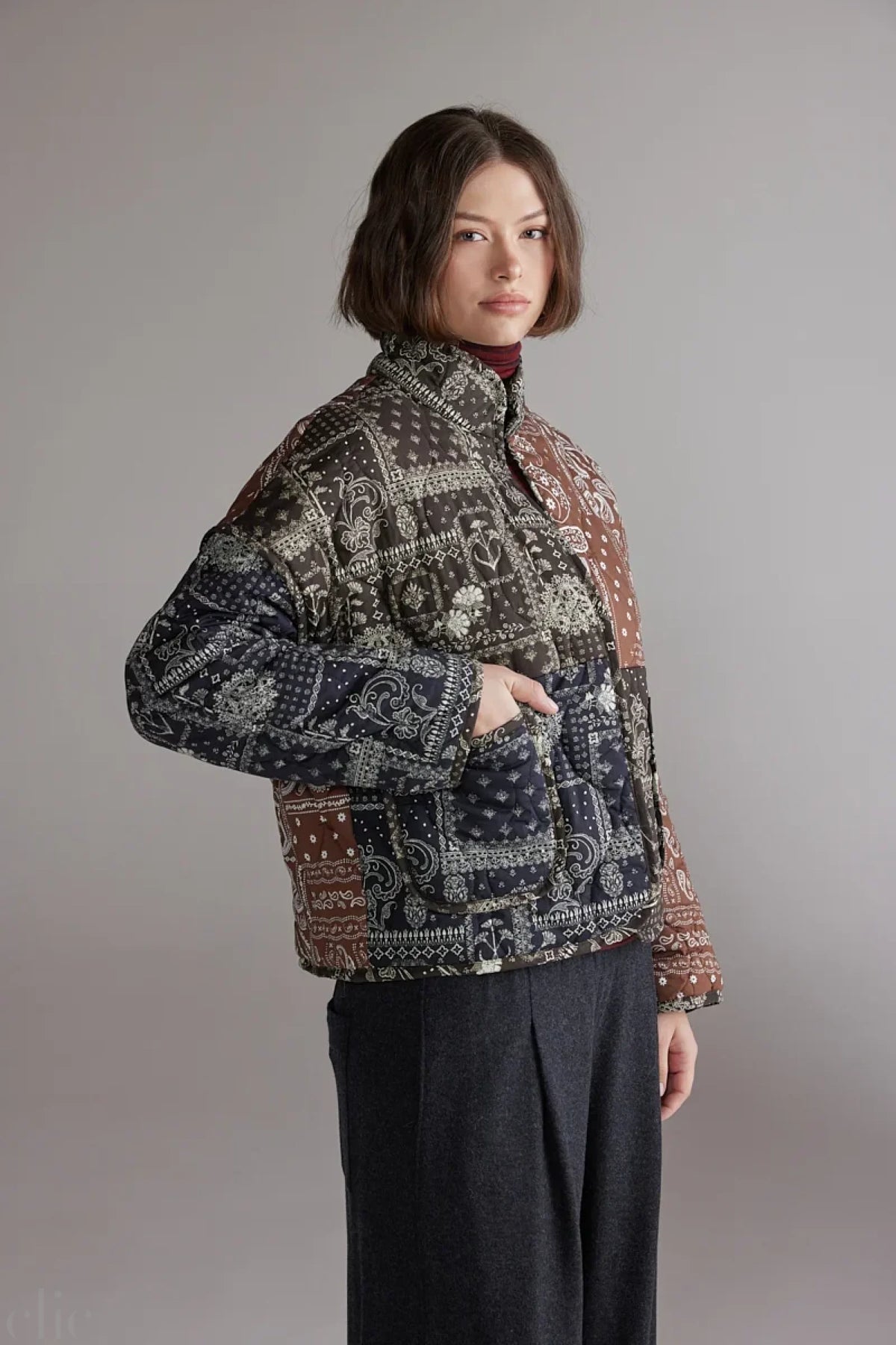 Patched Quilt Jacket in Brown and Black, from Amente