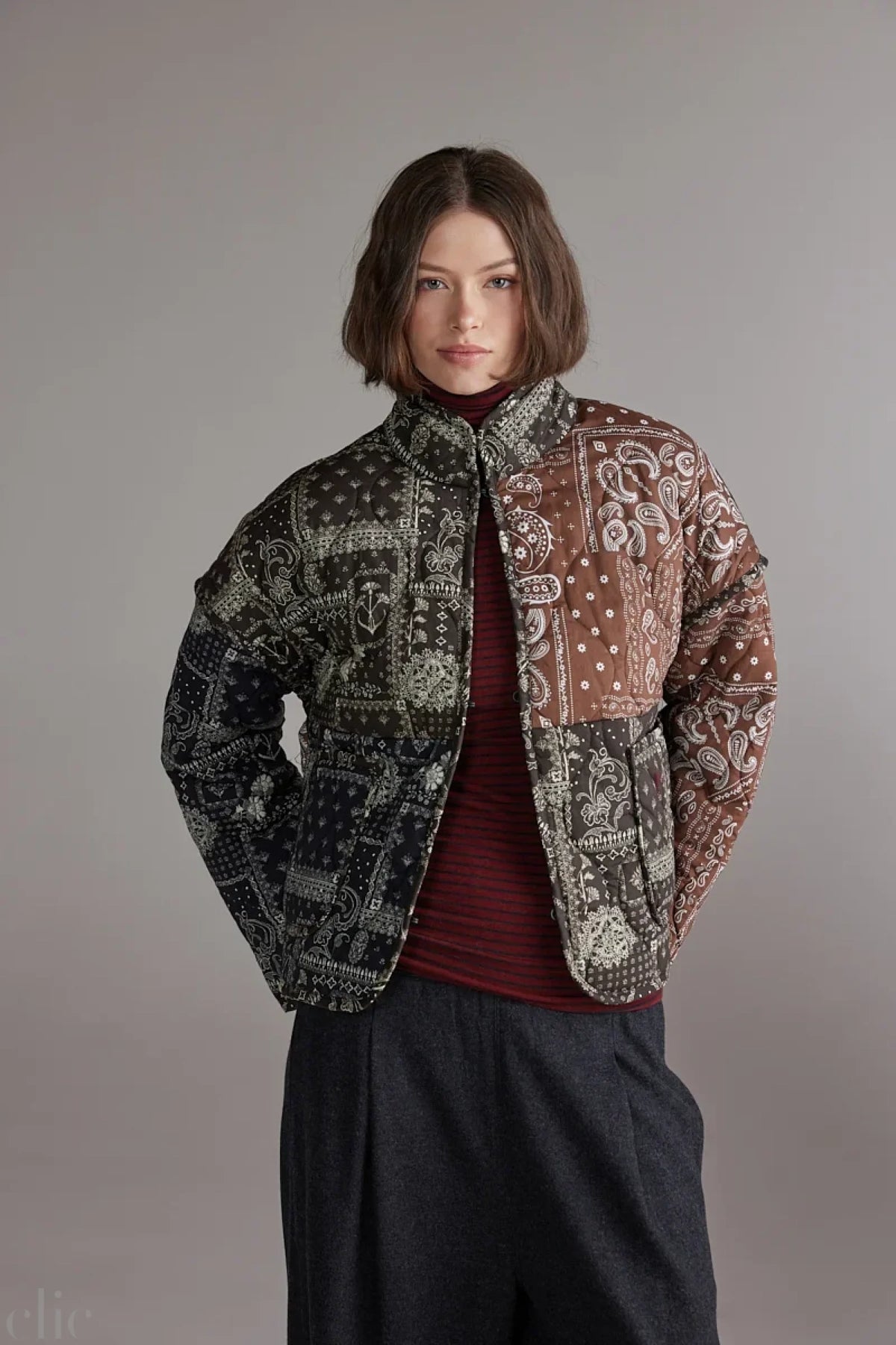 Patched Quilt Jacket in Brown and Black, from Amente