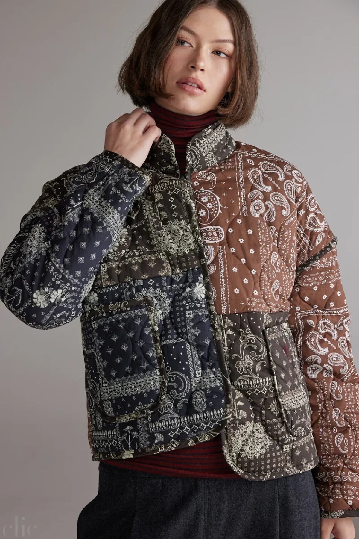Patched Quilt Jacket in Brown and Black, from Amente