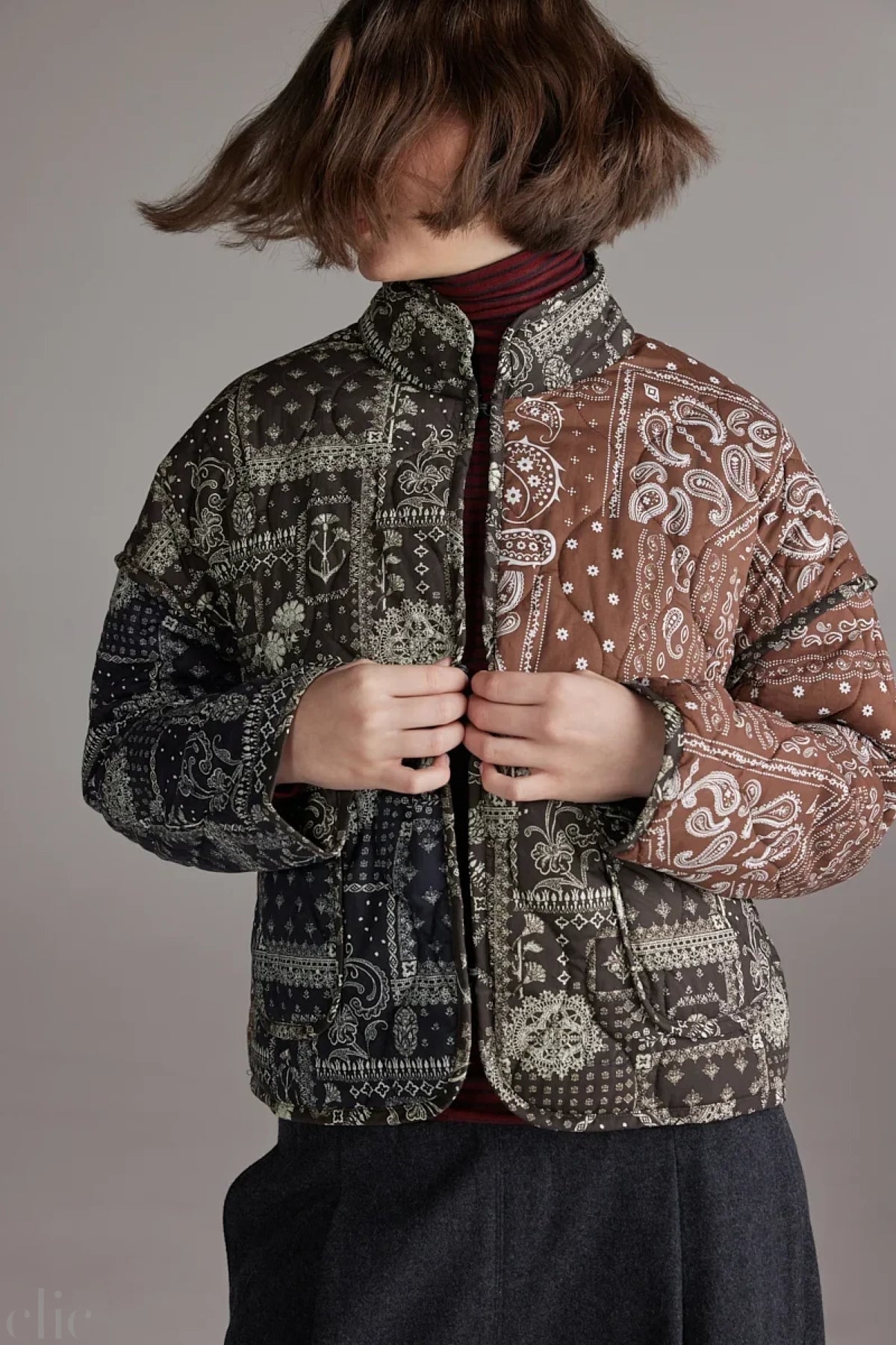 Patched Quilt Jacket in Brown and Black, from Amente