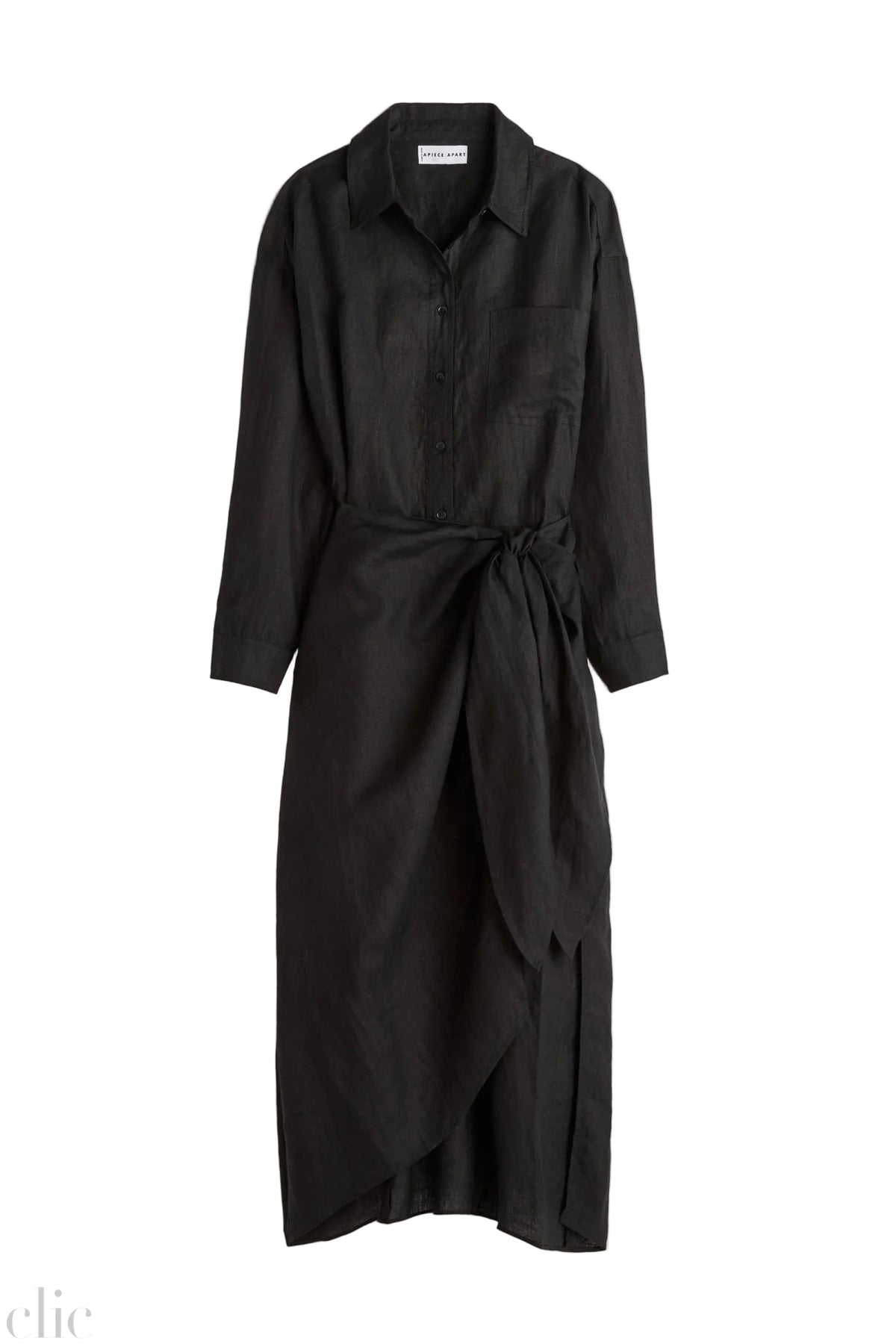 Alessandra Sarong Linen Shirt Dress in Black, from Apiece Apart