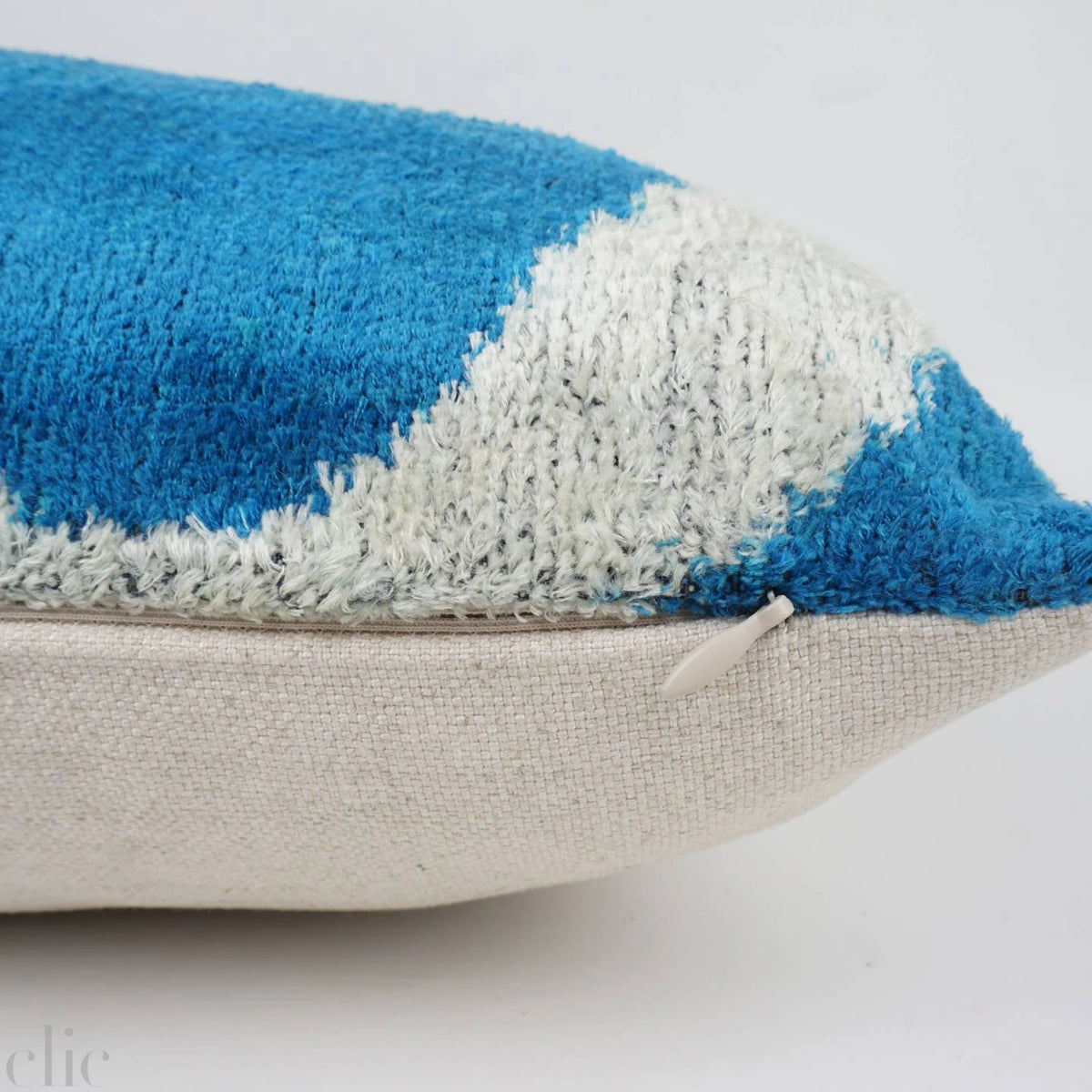 Ikat Silk and Velvet Pillow in Blue and White