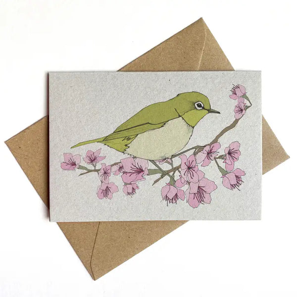 Sakura Cherry Blossom and White-Eye Bird Card