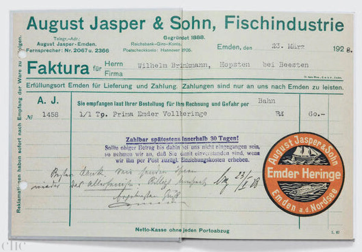 Vintage invoice from August Jasper & Sohn, Fischindustrie with a logo on a white background