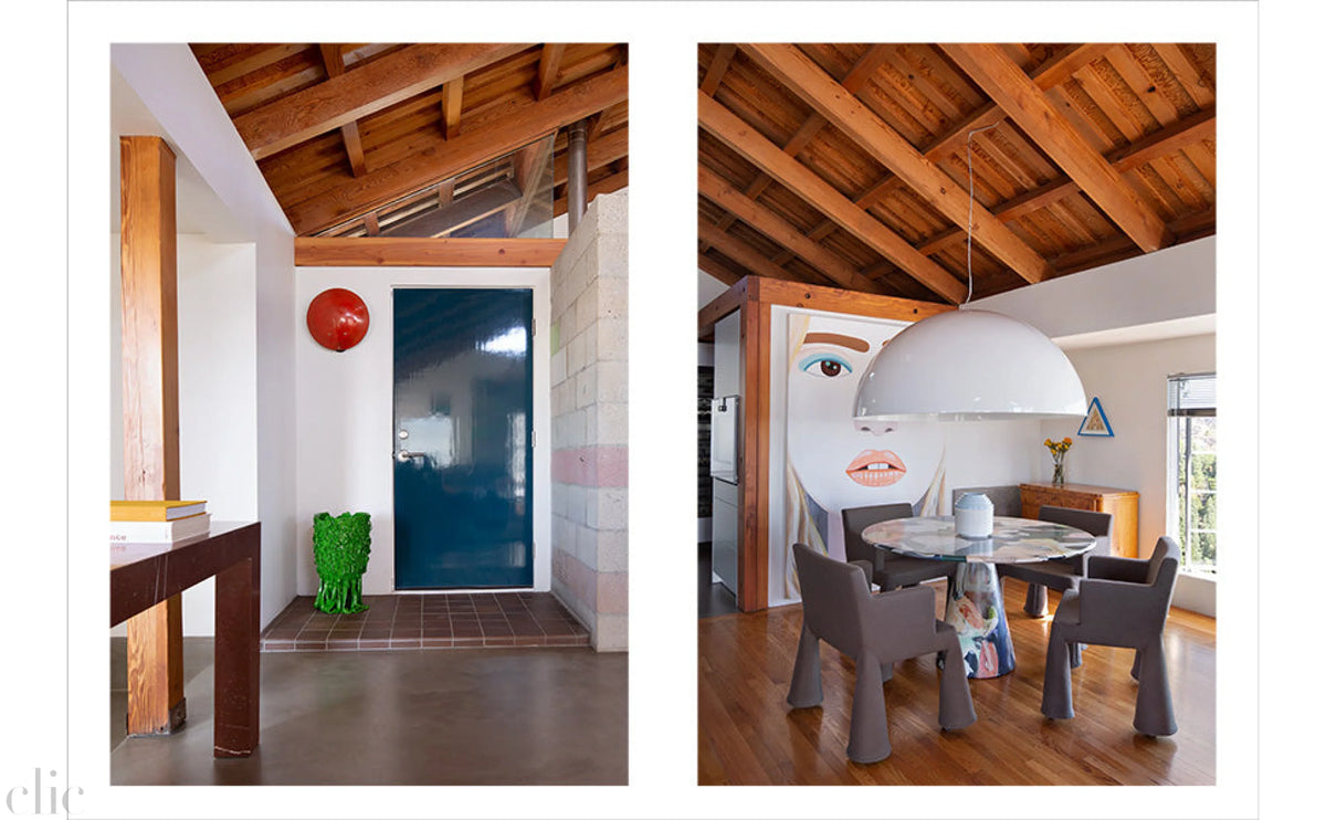 Two views of a modern interior with wooden beams and furniture.