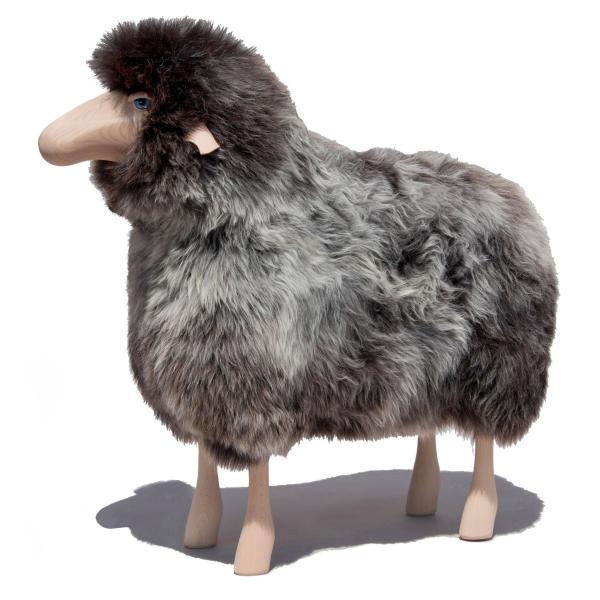 Large Sheep Stool in Grey Brown Fur and Beech Wood