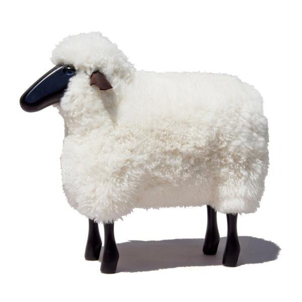 Small Sheep Stool with White Fur and Black Wood