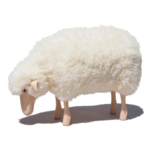 Small Grazing Sheep Stool with White Fur and Beech Wood