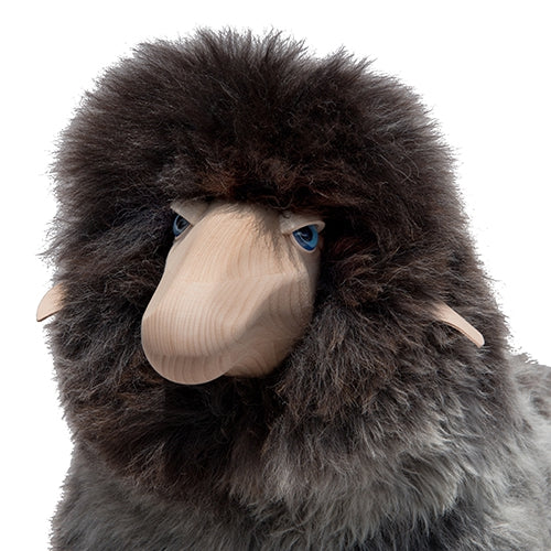 Large Sheep Stool in Grey Brown Fur and Beech Wood