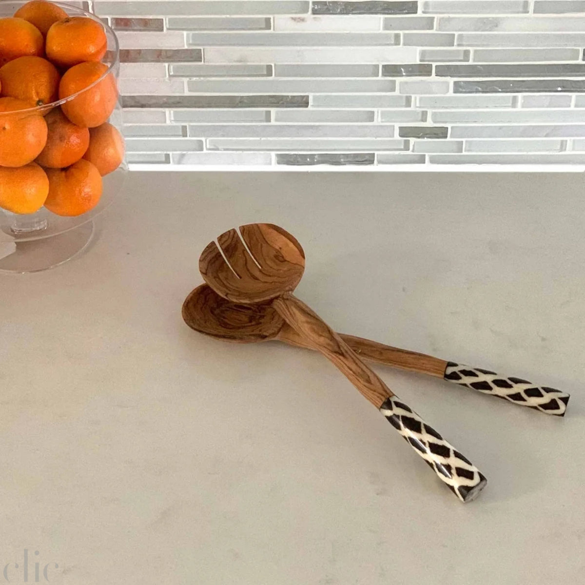 Olive Wood Serving Set with Diamond Batik Handles