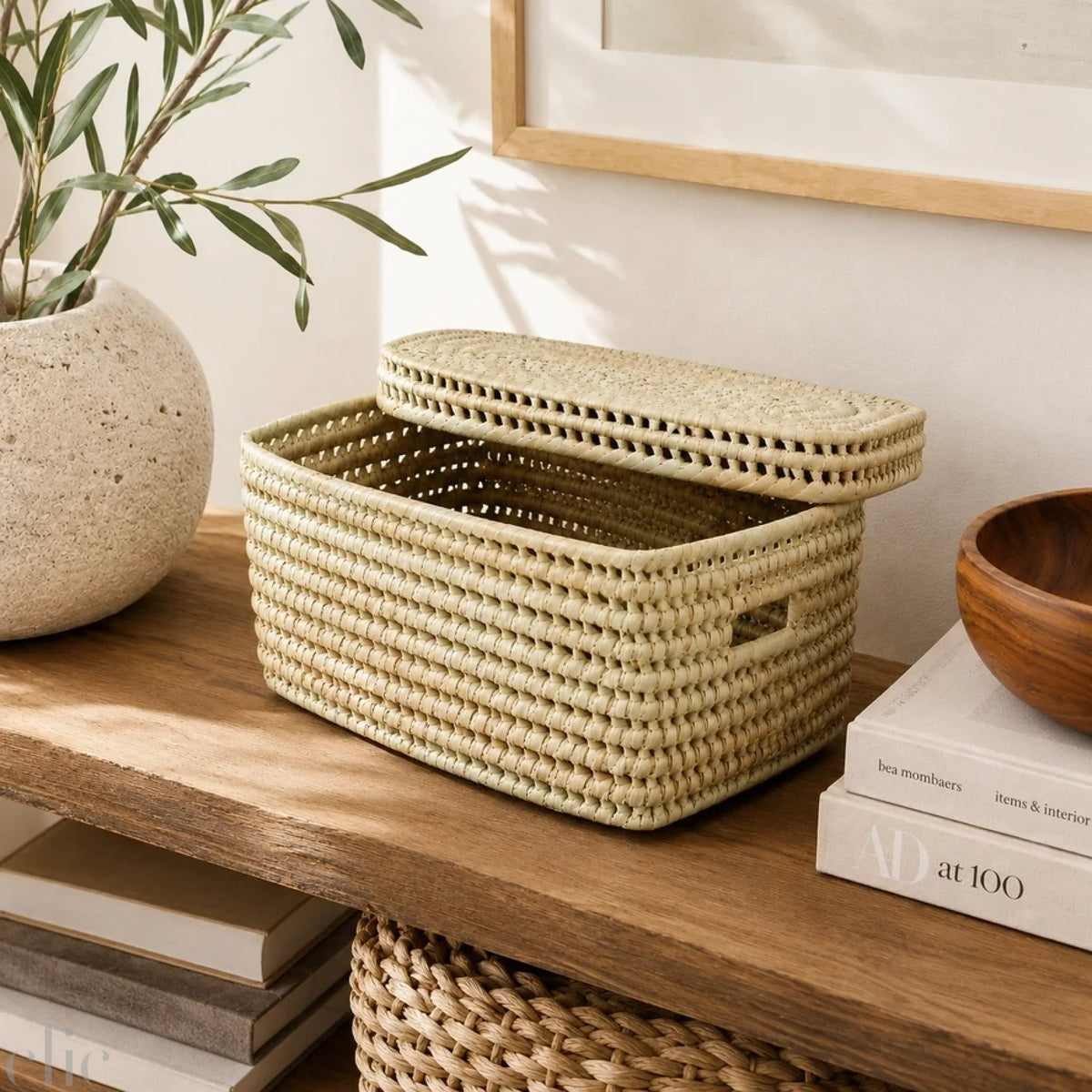 Kenyan Handles and Lidded Rectangular Organizer Basket in Natural