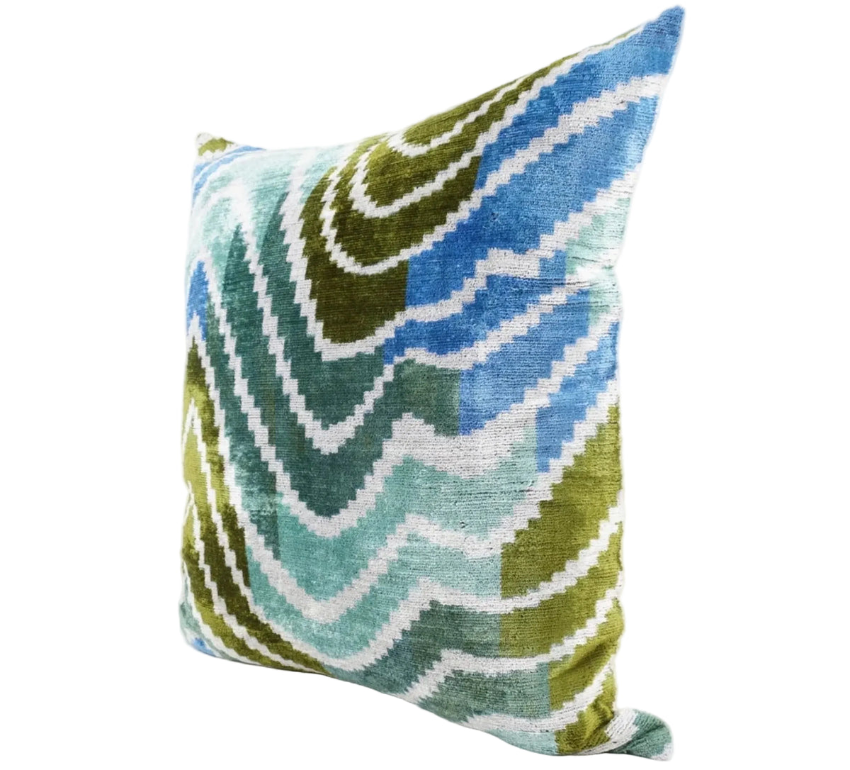 Handmade Ikat Silk Velvet Pillow in Olive and Blue