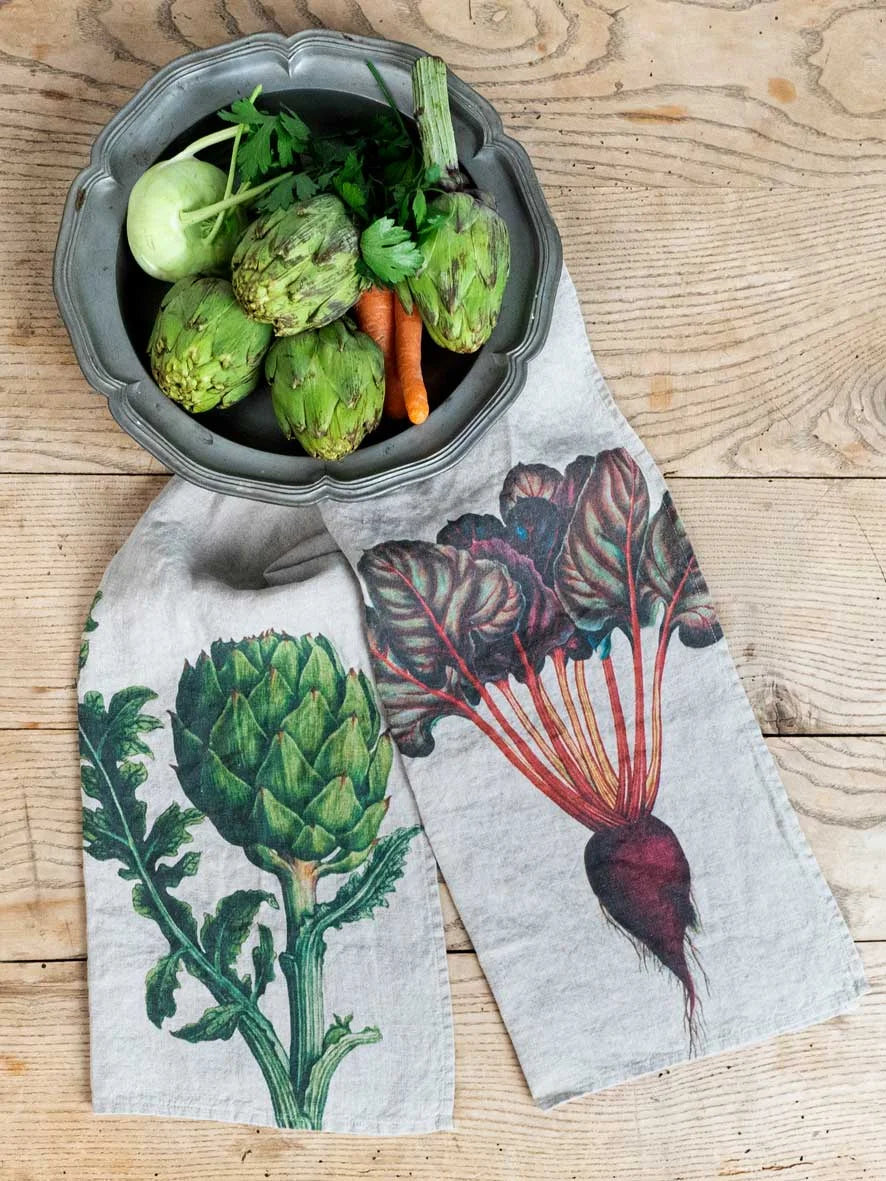 Artichoke and Beetroot Kitchen Towels, from Linoroom