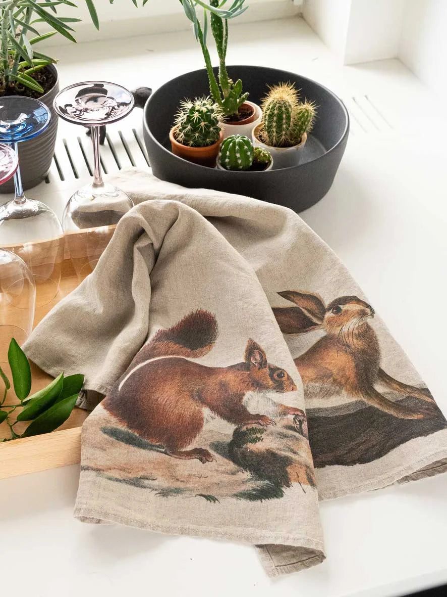 Squirel and Hare Kitchen Towel, from Linoroom