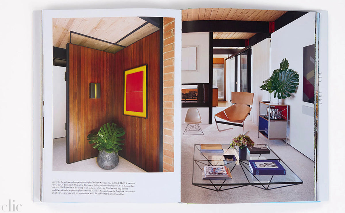 Interior design magazine spread with modern room and hallway.