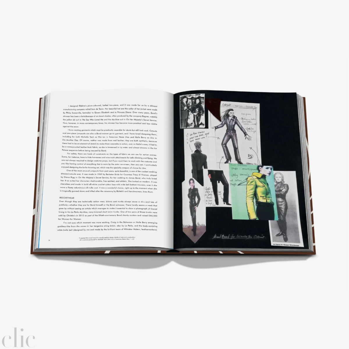 Open book with text and black and white images on a white background