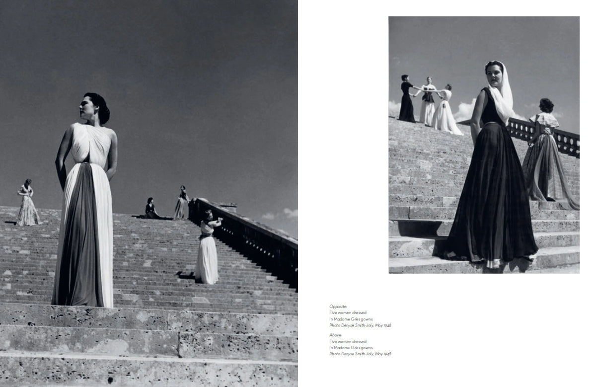Black and white fashion photos of women in long dresses on steps.