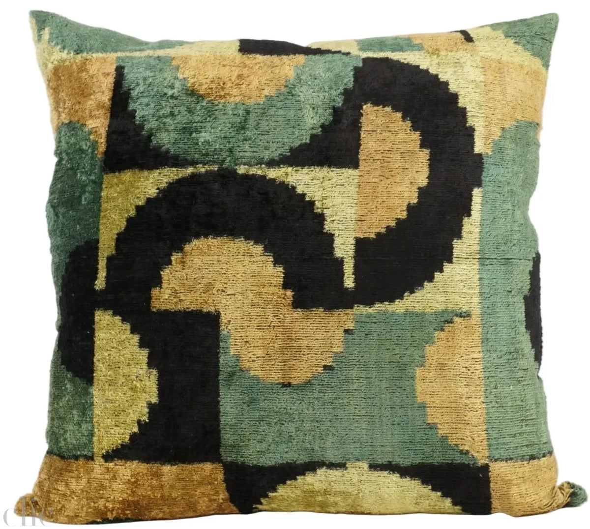 Handmade Ikat Silk Velvet Pillow in Curve Ocre and Black Sage