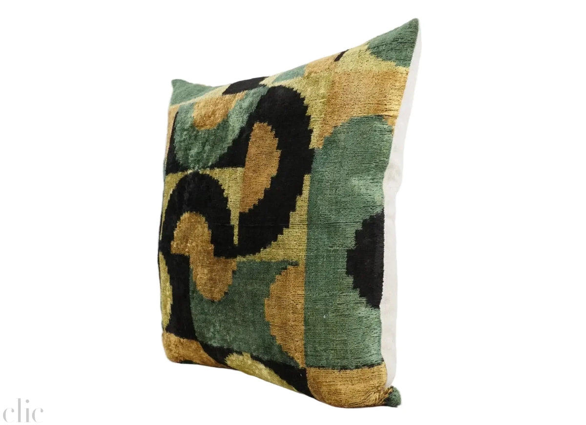 Handmade Ikat Silk Velvet Pillow in Curve Ocre and Black Sage
