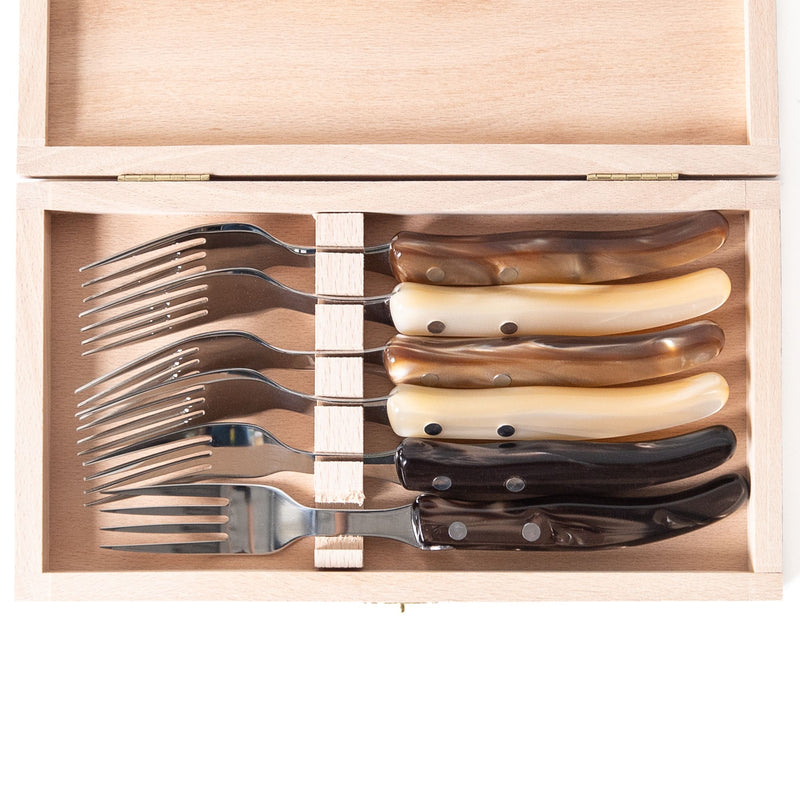 Berlingot Box of 6 Steak Forks in Cappuccino, from Claude Dozorme