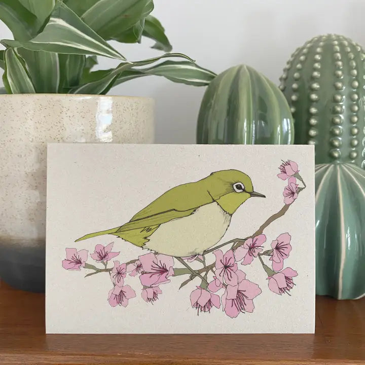 Sakura Cherry Blossom and White-Eye Bird Card