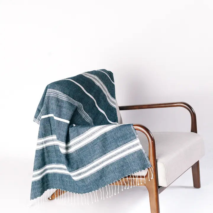 Aden Cotton Throw Blanket in Navy and Natural, from Creative Women