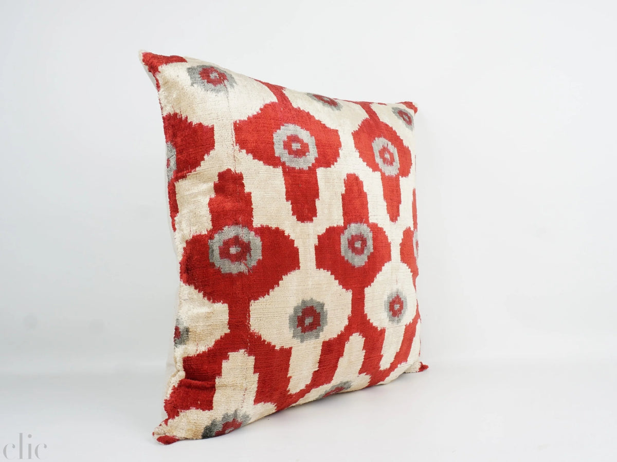 Ikat Silk Velvet Pillow in Burgandy and Cream