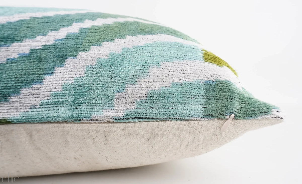 Handmade Ikat Silk Velvet Pillow in Olive and Blue