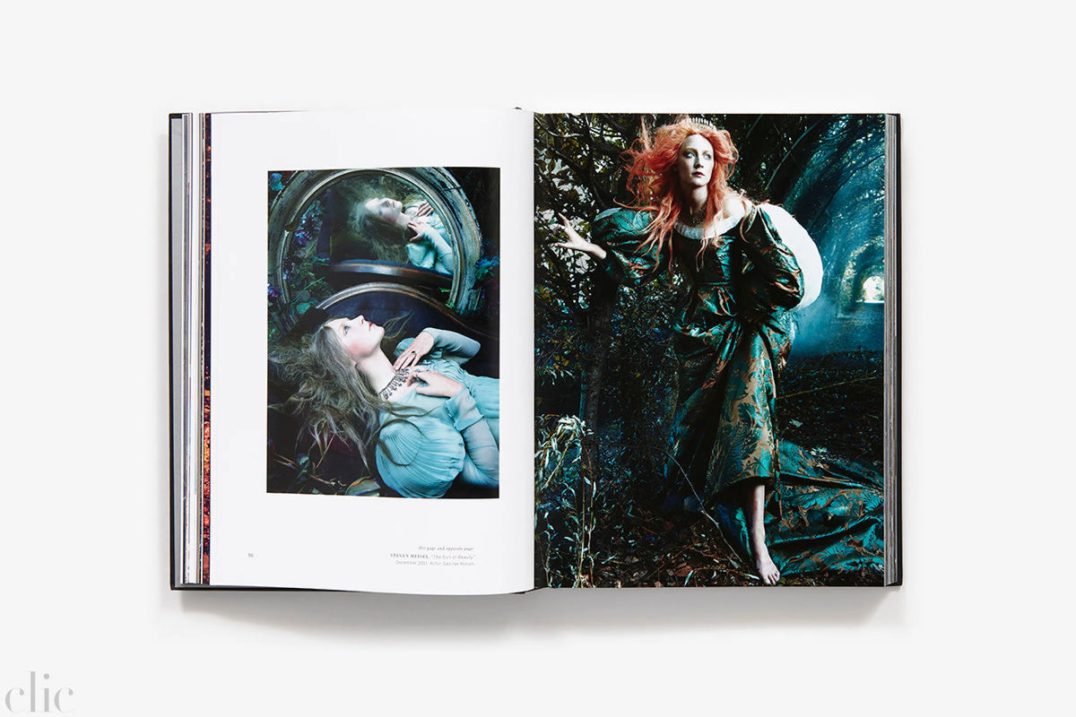 Open book showing two pages with photographs of a woman in a forest.