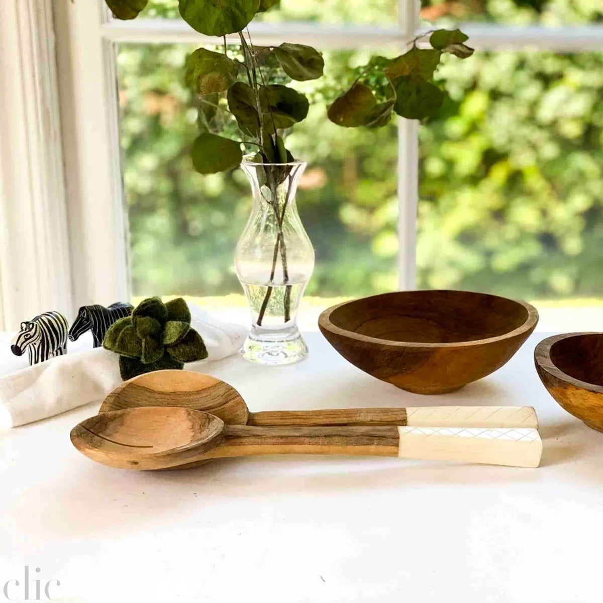 Olive Wood Serving Set with Square White Bone Handles