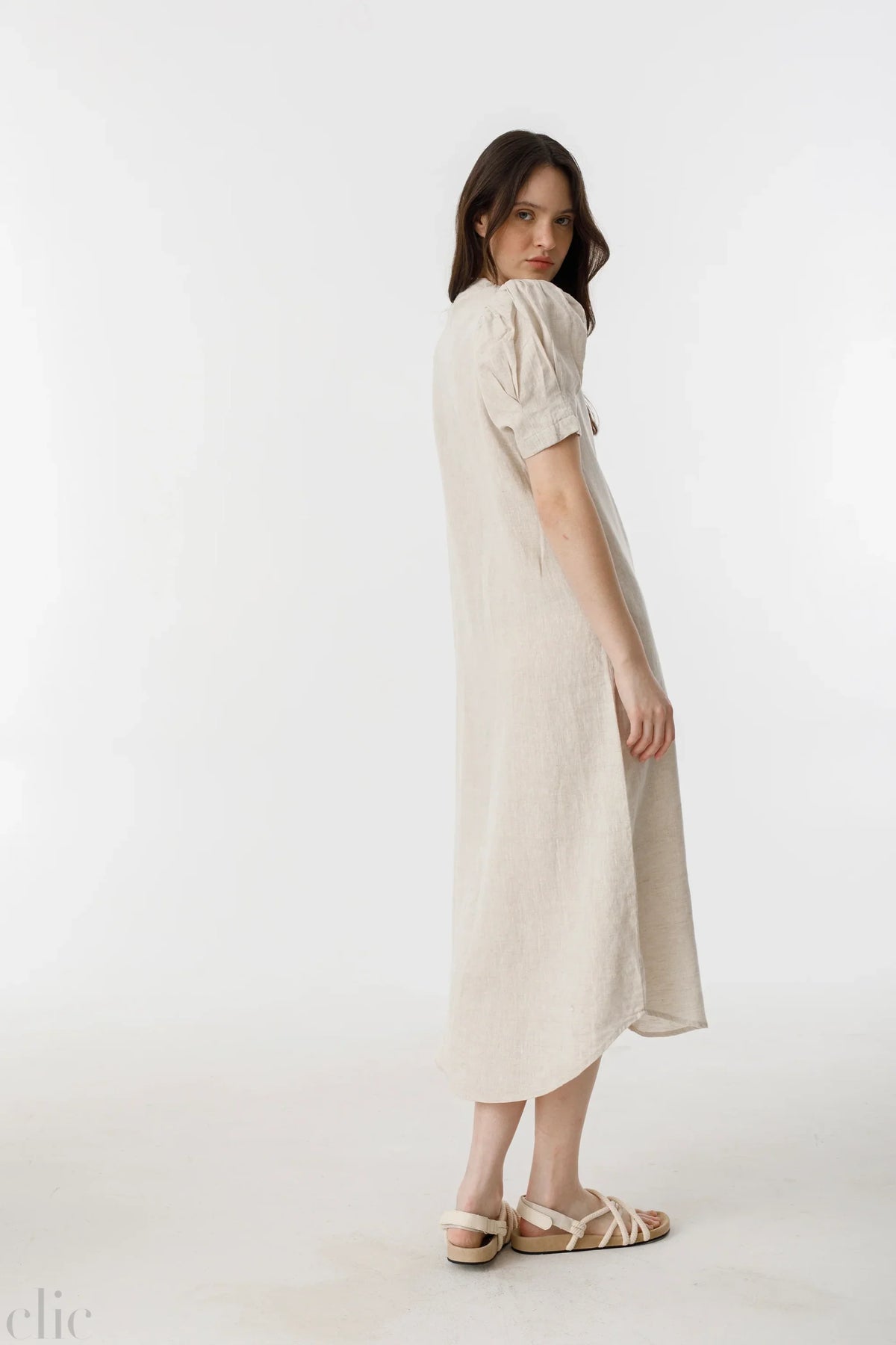 Athina Midi Linen Dress in Natural, from Lanhtropy