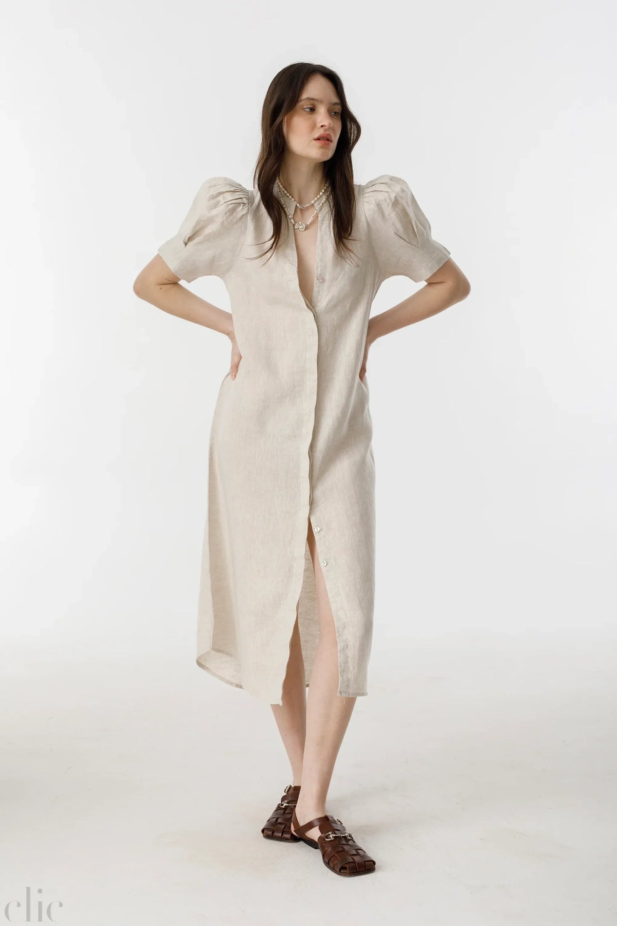 Athina Midi Linen Dress in Natural, from Lanhtropy