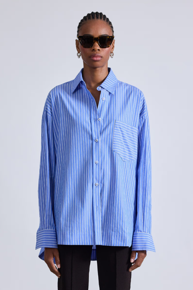 Aldea Oversized Button Down in Blue and Cream, from Apiece Apart