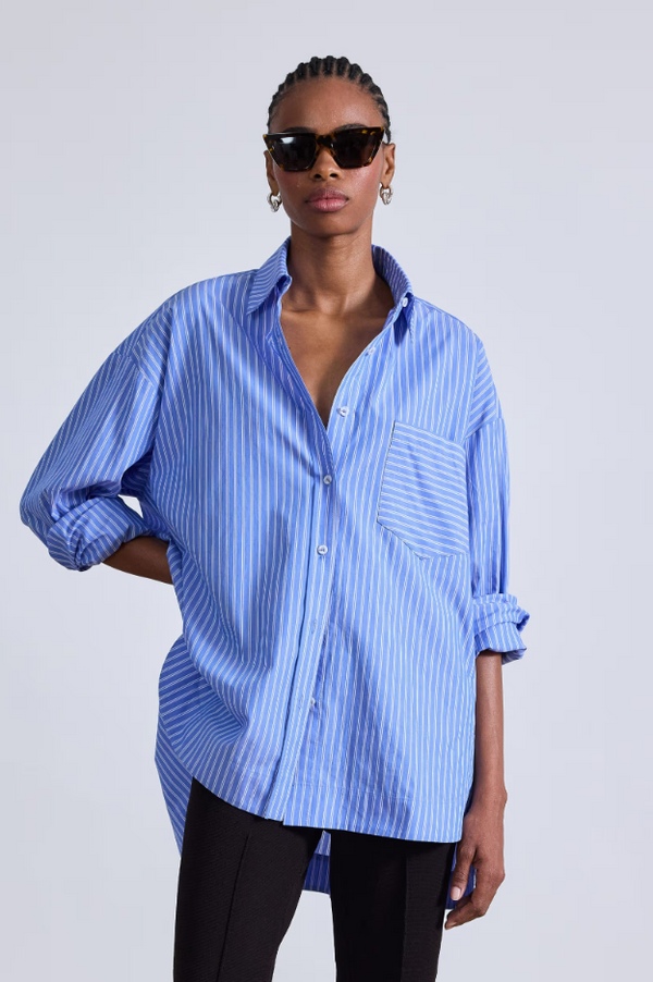 Aldea Oversized Button Down in Blue and Cream, from Apiece Apart