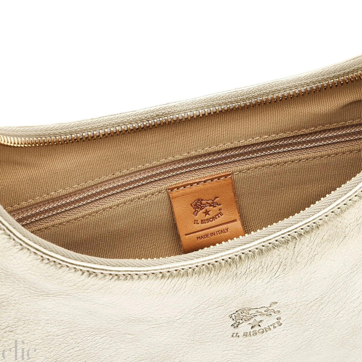 Belcanto Shoulder Bag in Metallic Platinum Leather, from IL Bisonte