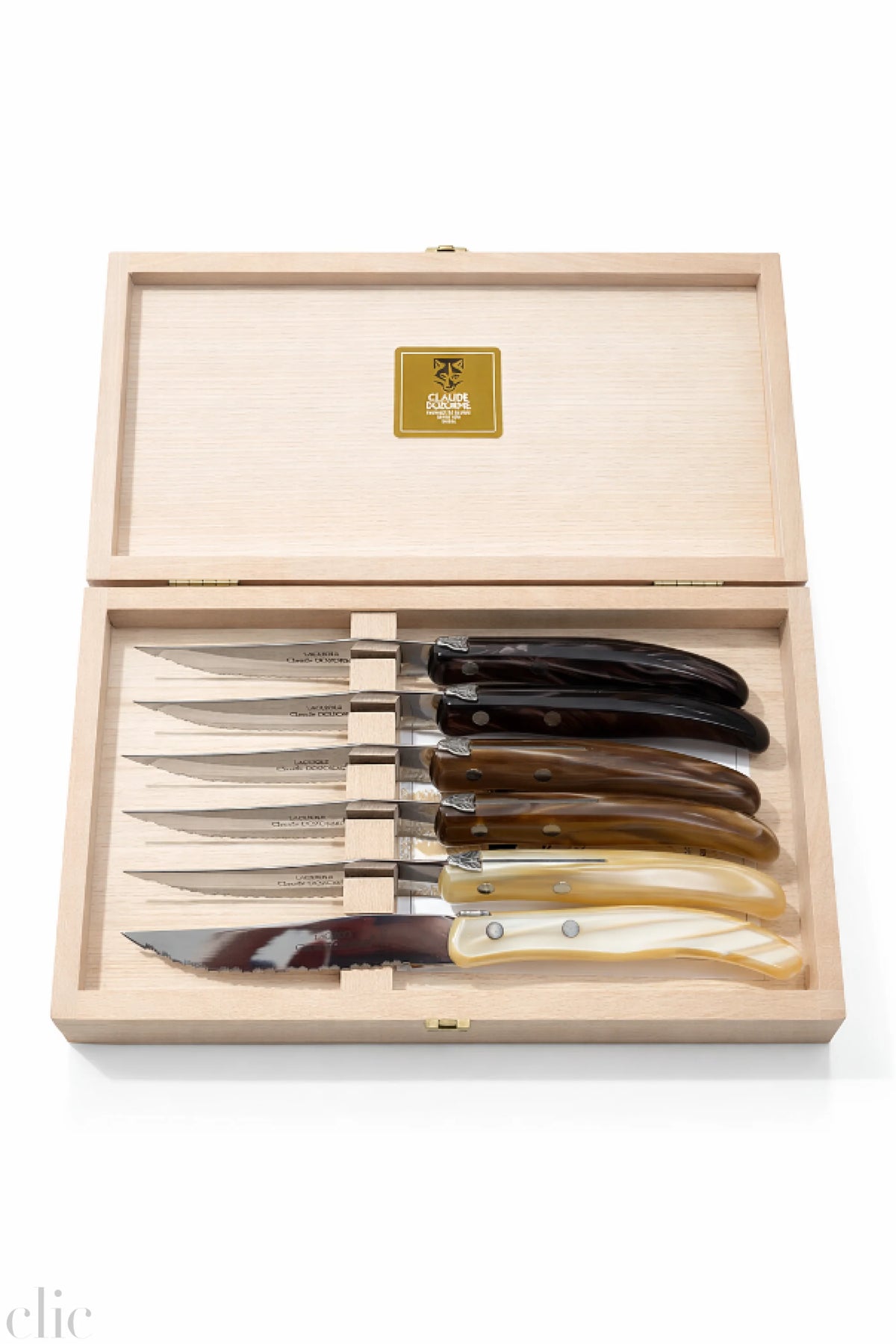 Berlingot Box of 6 Steak Knives in Natural and Brown, from Claude Dozorme