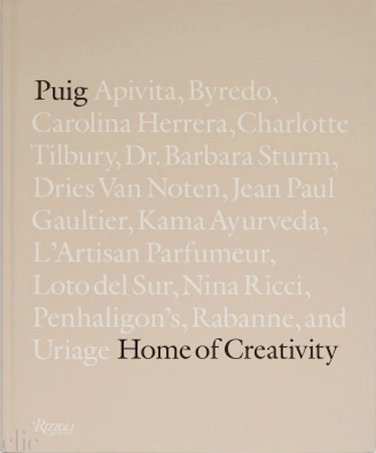 Book cover with a list of brand names on a beige background