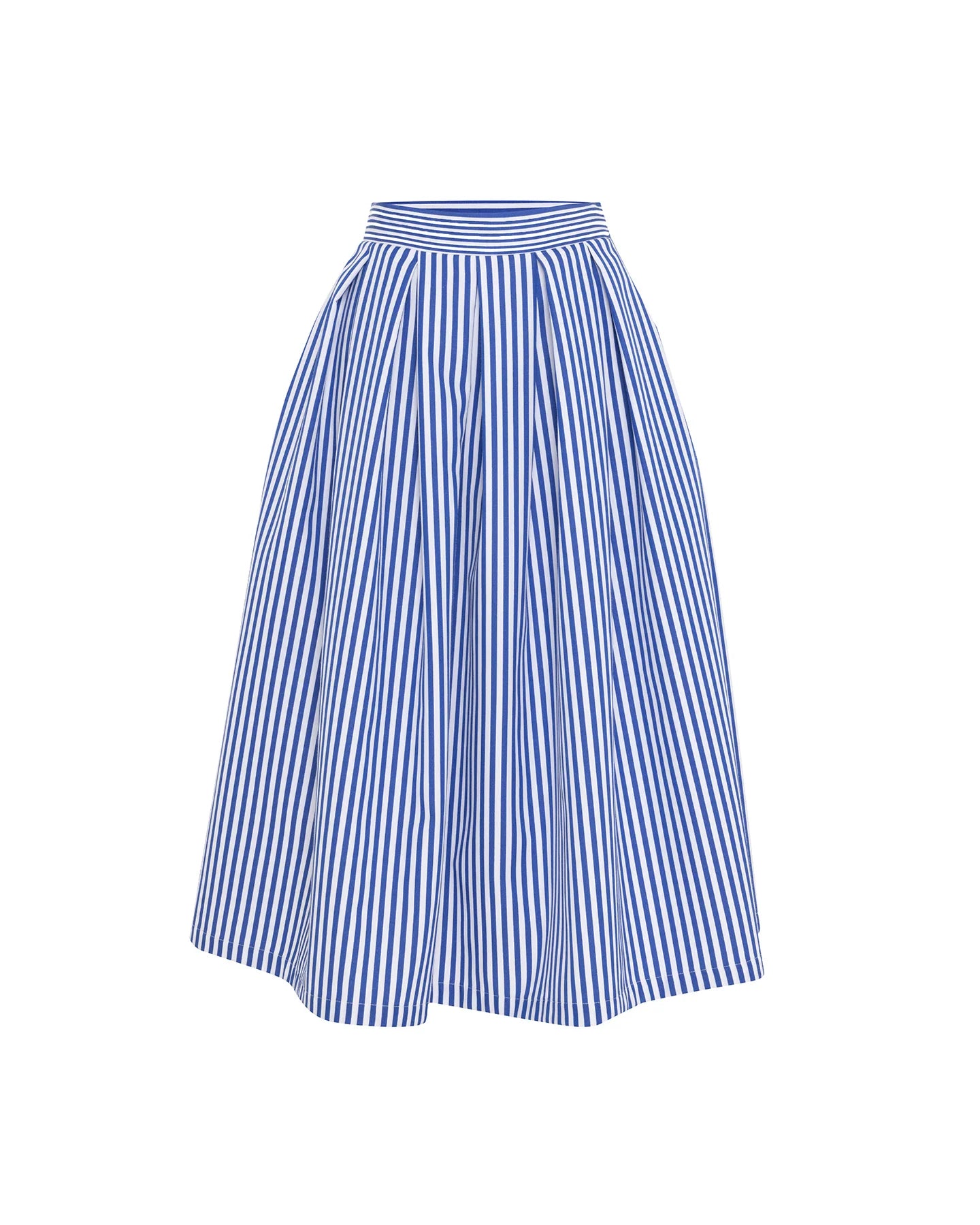 Echo Box Pleated Striped Midi Skirt in Palace Blue, from Theo The Label