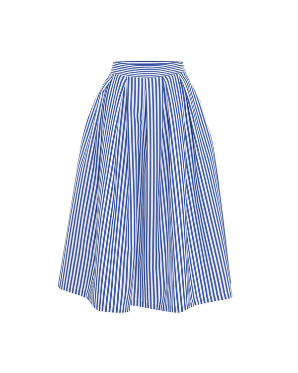 Echo Box Pleated Striped Midi Skirt in Palace Blue, from Theo The Label