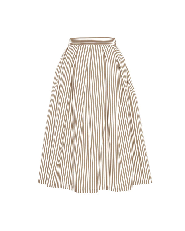 Echo Box Pleated Striped Midi Skirt in Sand, from Theo The Label