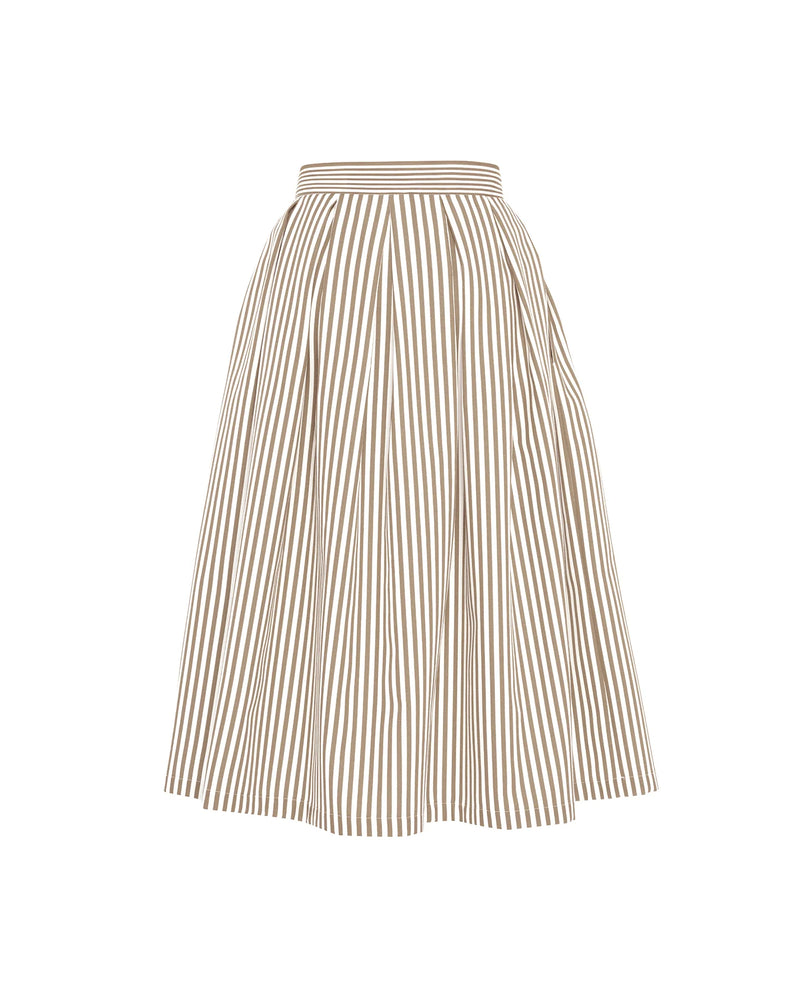 Echo Box Pleated Striped Midi Skirt in Sand, from Theo The Label