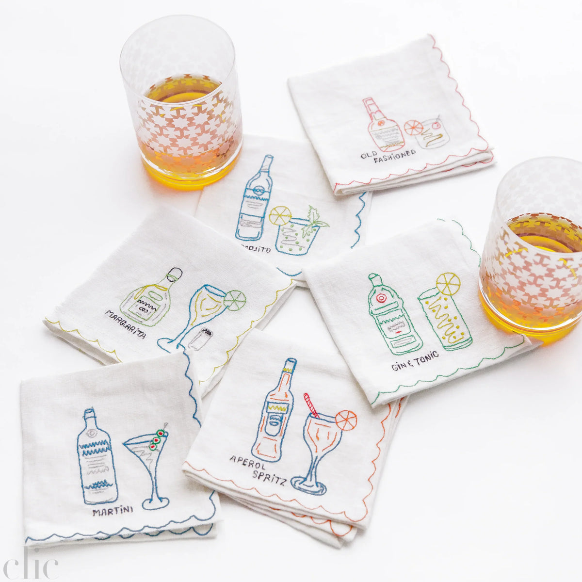 Set of 6 Mixed Drink Embroidered Linen Cocktail Napkins