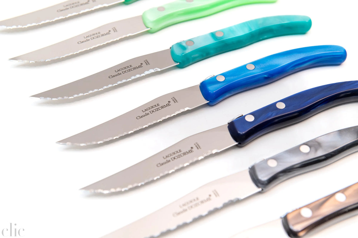 Berlingot Box of 6 Steak Knives in Blue and Green, from Claude Dozorme