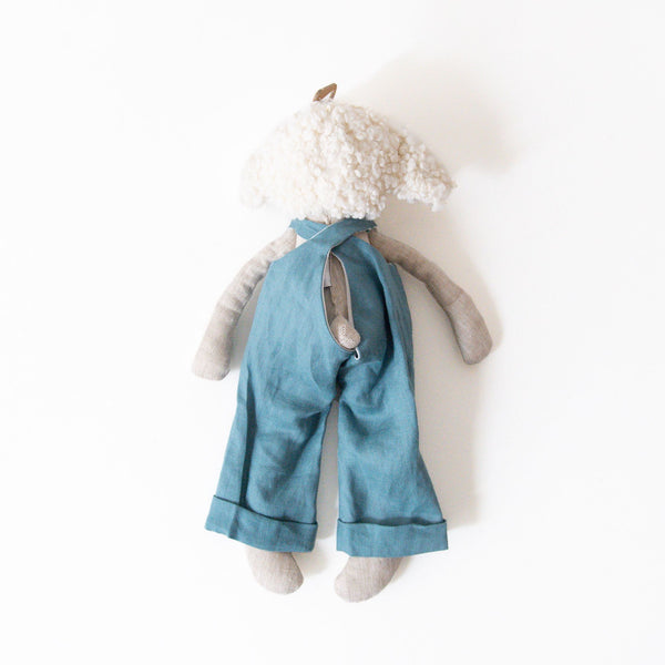 Blue Linen Sheep Plush with Overalls, from Mailou Tradition