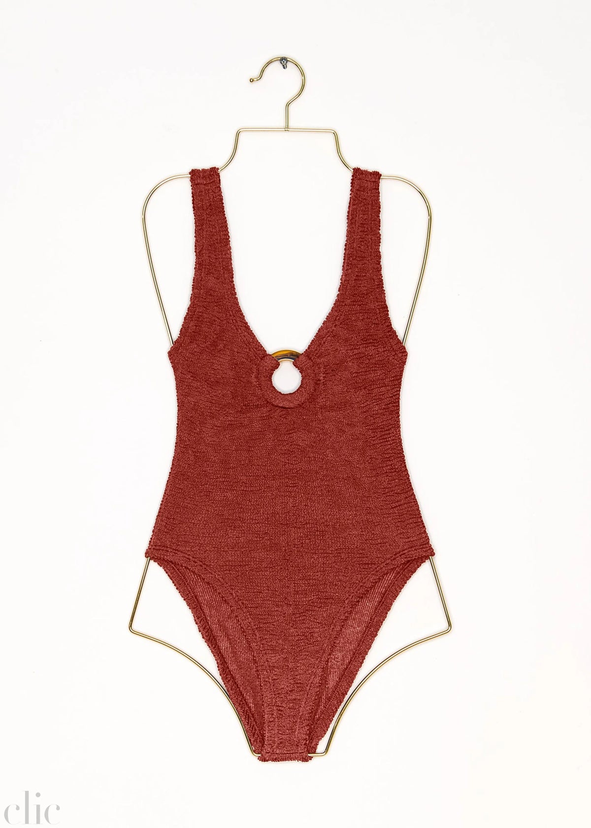 Coverage Celine Swim with Tonal Hoops in Metallic Rosewood, from Hunza G