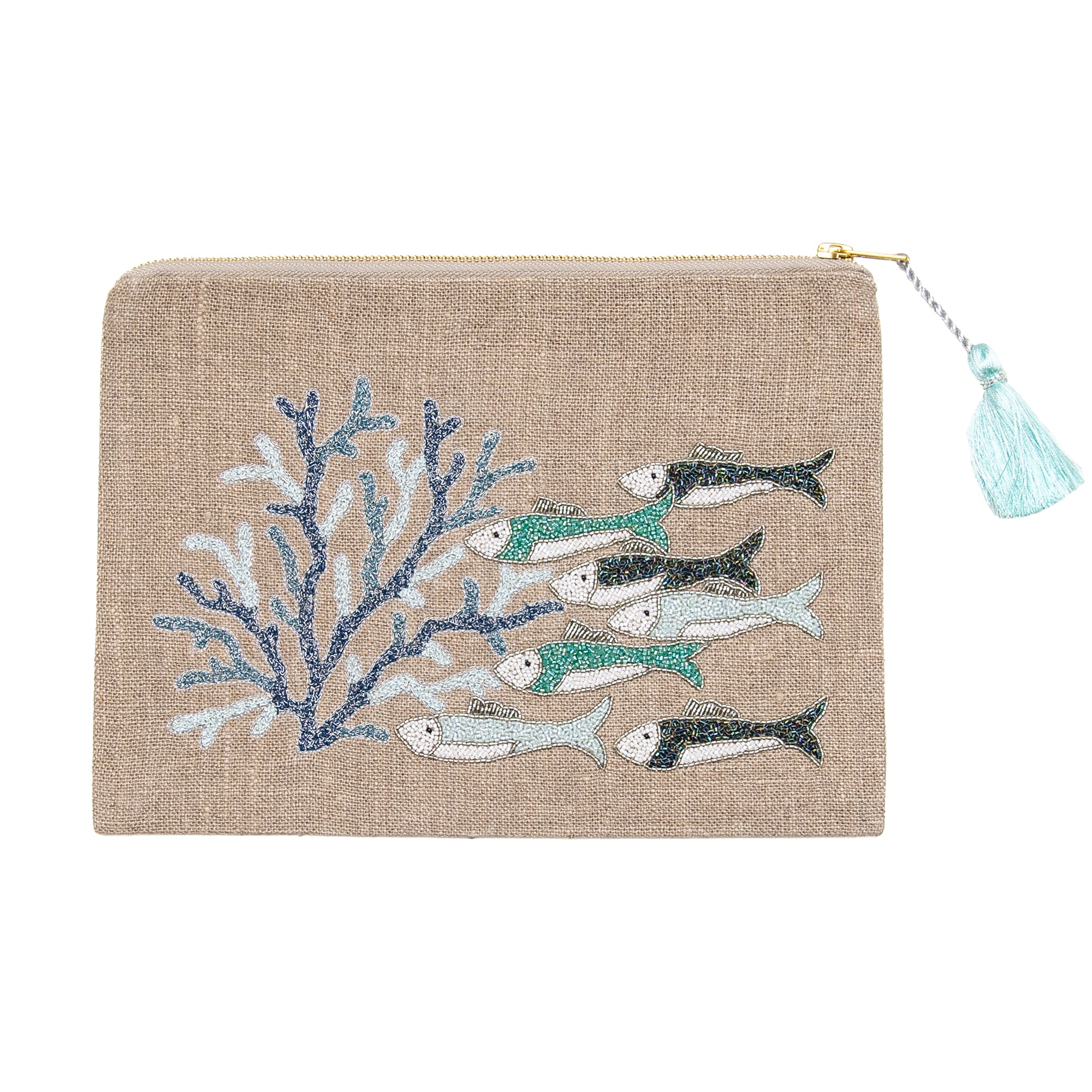 Coral Fish Pouch in Beige and Blue, from Benaras Citrus