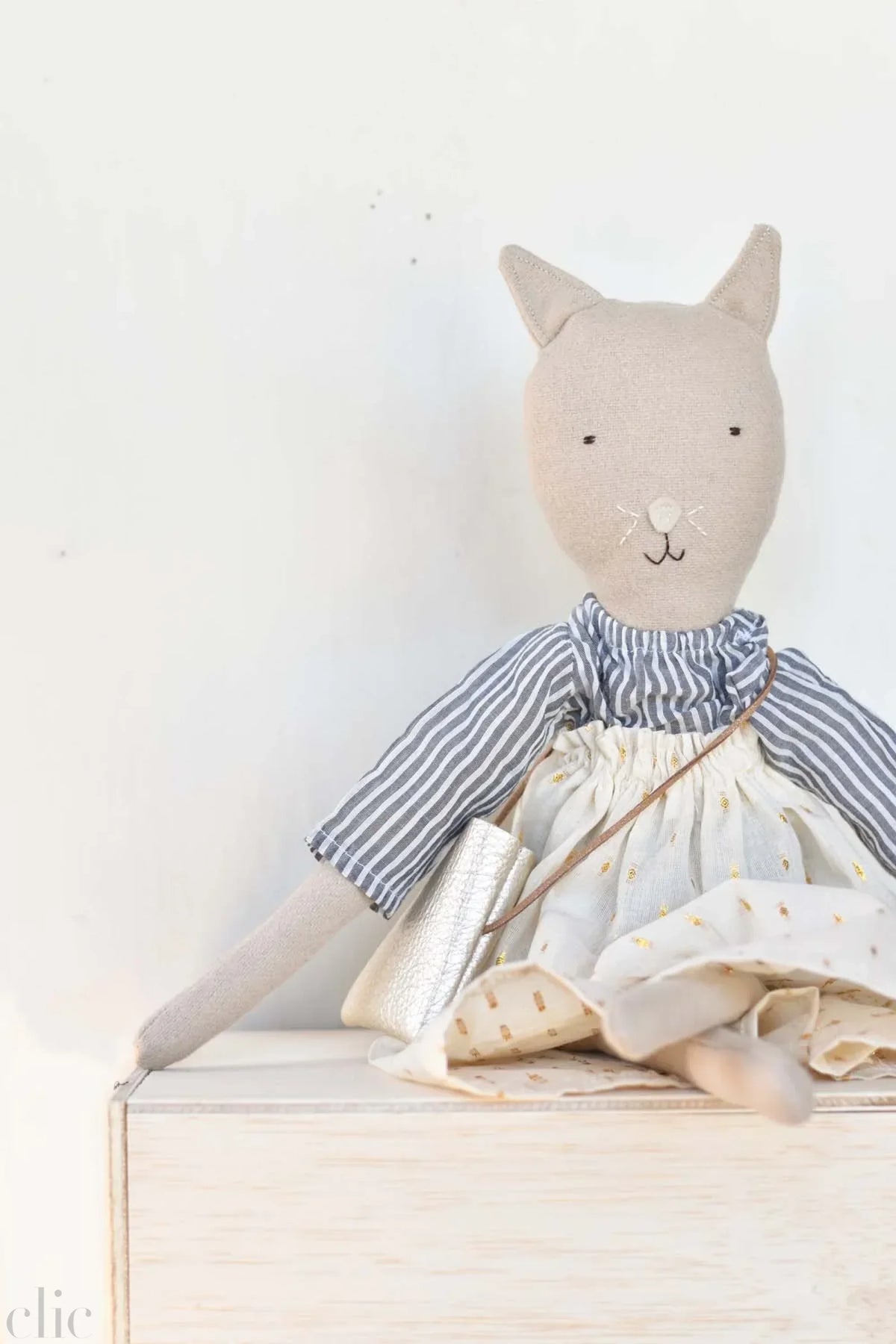 Mae the Barn Cat Heirloom Wool Doll in Golden Field Skirt