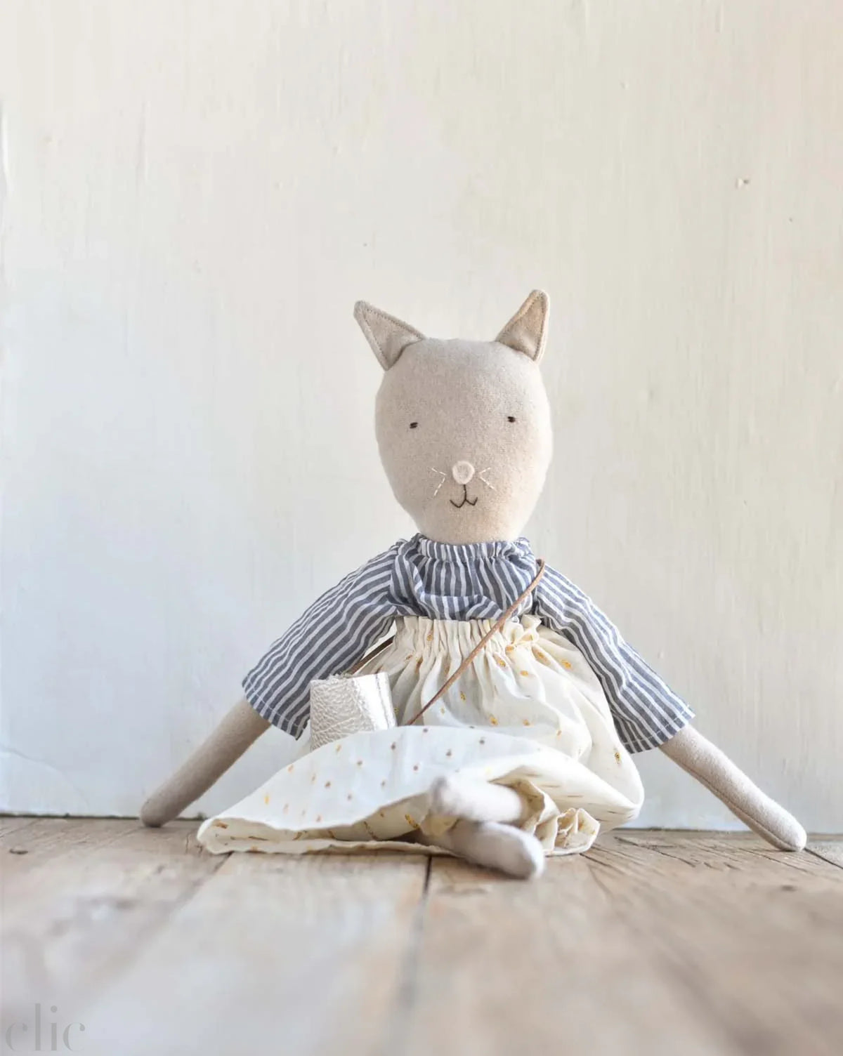 Mae the Barn Cat Heirloom Wool Doll in Golden Field Skirt