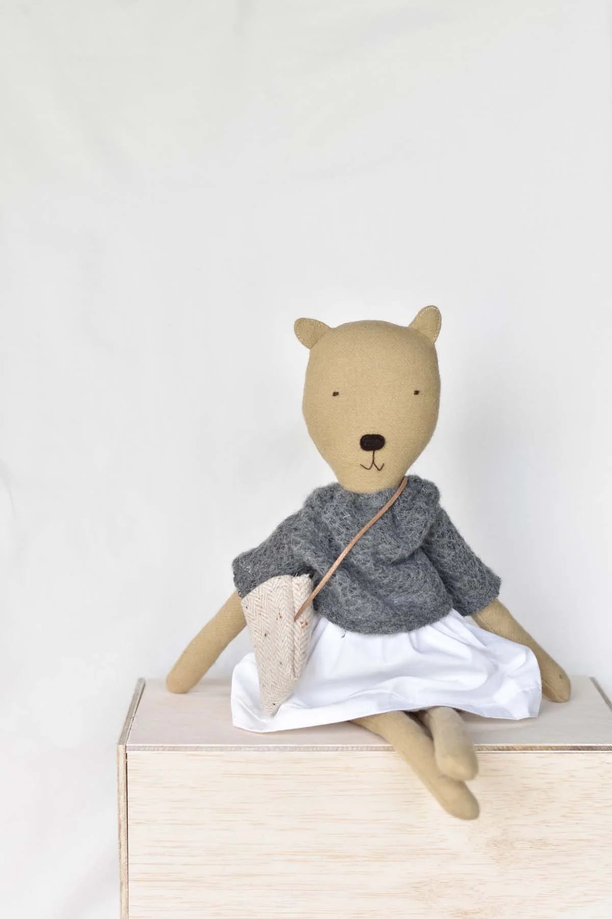 Agatha the Bear Doll with Sweater and Morning Skirt, from Woolgrass Farm